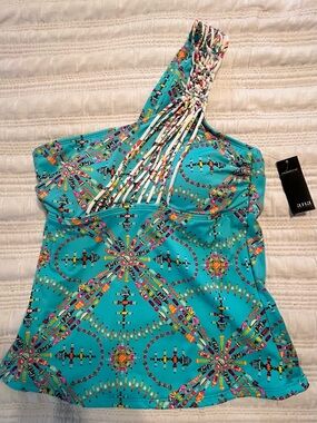 a.n.a Turquoise One-Shoulder Printed Swim Tankini Top